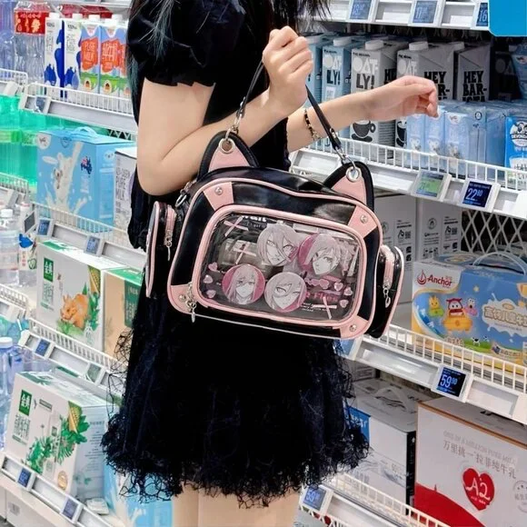 Pink-Black Cat Ita Bag Backpack for Girls with Pins Display  display picture 2